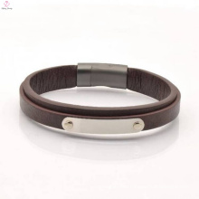 Simple Design Magnetic Clasps Flat Engraving Leather Bracelet For Men